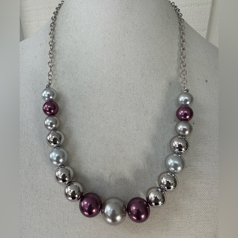 Purple and silver bead longer style statement necklace